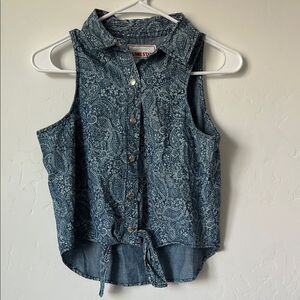 Lone Star Tie Front Button Up Tank Handkerchief Print Blue Size Small